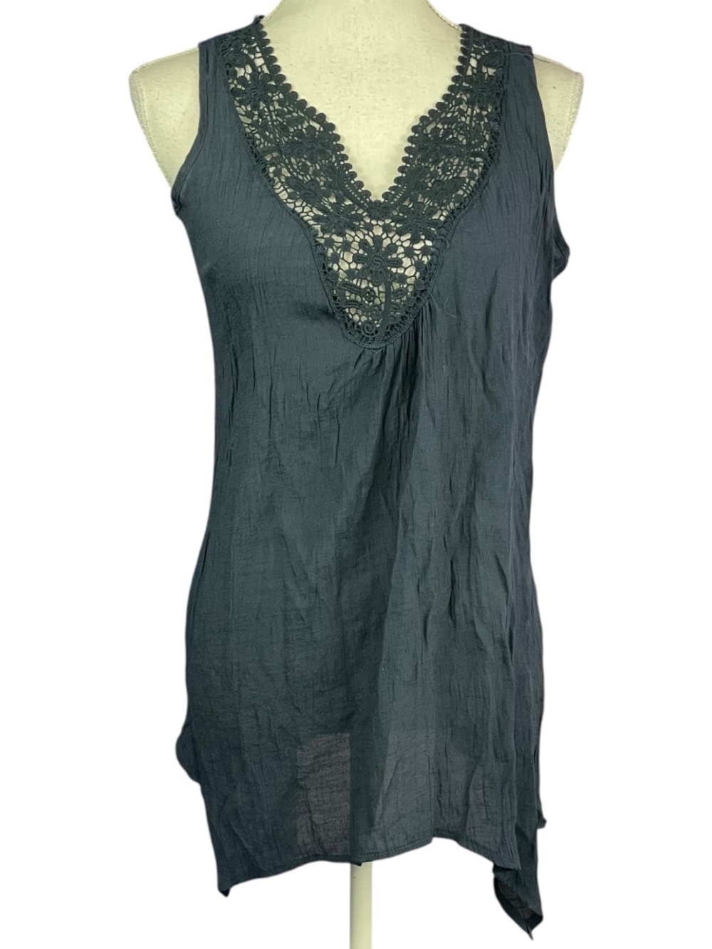 Gauze Crochet Lace Tunic M Navy Blue Floral Asymmetric Gathered Sleeveless Tank